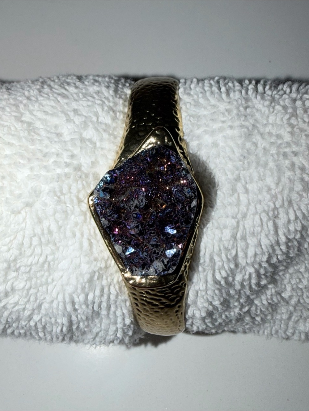 Gold Tone Purple Druzy Stone Cuff Bracelet